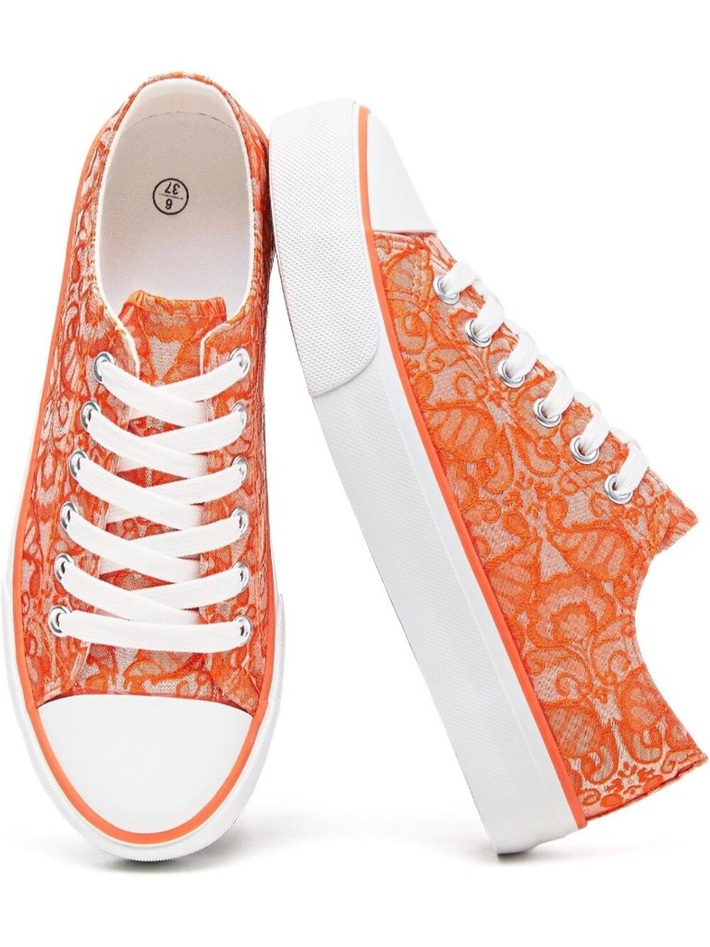 Women's Orange Comfortable Round Toe Low Top Canvas Lace-Up Casual Sneaker Shoes